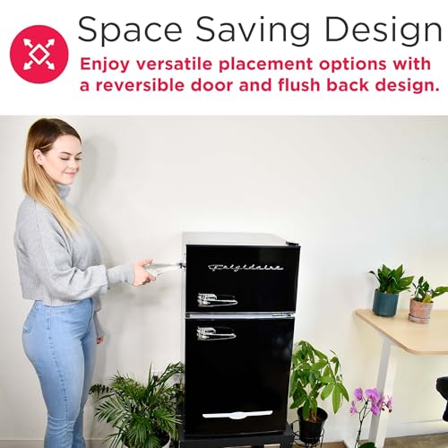 Frigidaire Retro Compact Fridge Freezer Combo, 3.1 cu. ft. Capacity, Small Top Freezer Refrigerator, Mini Fridge with Built-in Bottle Opener – 19”"D x 20.5" W x 33.5" H (Black)