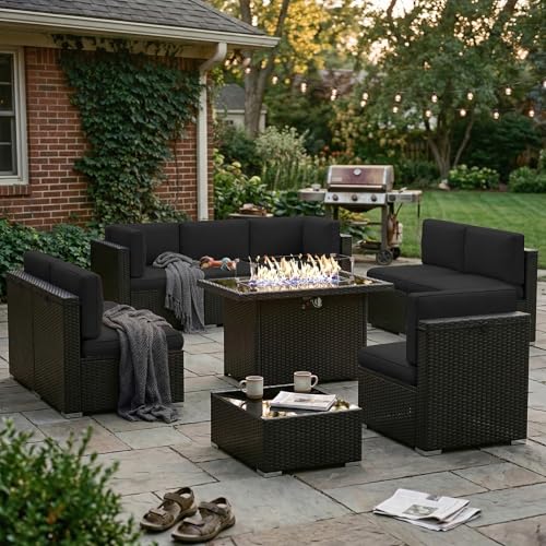 Vakollia 10 Pieces Patio Furniture Set with 44" Propane Gas Fire Pit Table, Outdoor Sectional Wicker Conversation Sofa Sets with Coffee Table