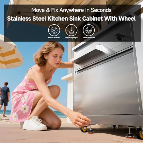 BODEGA Stainless Steel Outdoor Kitchen Sink Cabinet, Outdoor Sink With Hose Hook Up,Single Bowl Kitchen Sinks With Brake Wheels & Spice Rac, All-Weather Use, Mobile Prep Station for BBQ, Camping, RV.