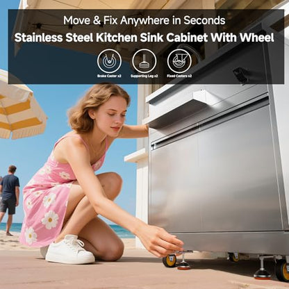 BODEGA Stainless Steel Kitchen Sink with Hose Hook Up, Outdoor Kitchen cabinets with Ample Storage Space, All-Weather Single Bowl Commercial Sink Cabinet Bottle Opener & Spice Rac,Brake Wheels.