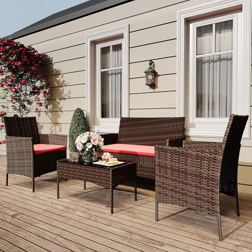 GarveeHome Modern 4-Person Outdoor Bistro Set with Tempered Glass Table – Weather-Resistant PE Rattan & Iron Frame Patio Furniture, Thick Red & Brown Polyester Cushions for Garden, Balcony, Deck