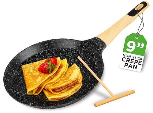 NutriChef 9.45” Non-Stick Crepe Pan with Wooden Spreader, Durable Marble Coated Dosa Pan, Bakelite Handle and Induction Bottom, PFOA/PFOS Free, Dishwasher Safe, Even Heat Distribution (Black Marble)