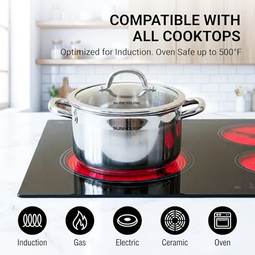 SUNHOUSE Whole-Clad 12-Quart Stainless Steel Stock Pot with Lid - Professional Whole Body Clad Stock Pot - Induction Ready, Oven Safe Dishwasher Safe Cooking Pot