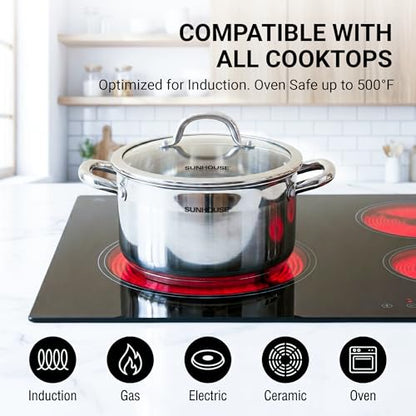 SUNHOUSE Whole-Clad 12-Quart Stainless Steel Stock Pot with Lid - Professional Whole Body Clad Stock Pot - Induction Ready, Oven Safe Dishwasher Safe Cooking Pot