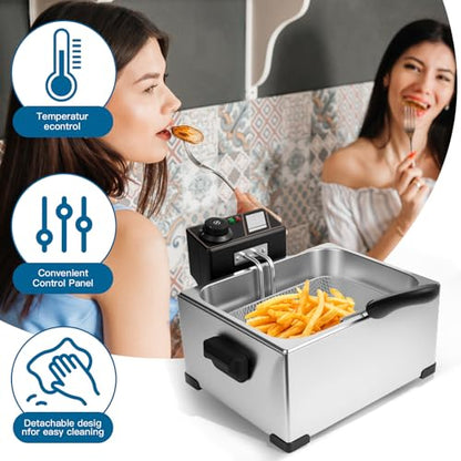 5 Liters Large Deep Fryer with Basket for Home Use, Electric Fryer with 3 Frying Baskets, Adjustable Temperature Control, Countertop Stainless Steel Deep Fryer with Basket for Home Use
