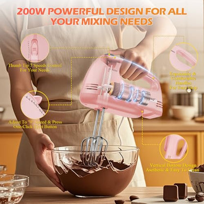 WADODO 7-Speed Electric Hand Mixer – Portable Food Mixer Kitchen Mixer with 304 *(1x Whisk, 2x Beater, 2x Dough hook) for Baking Cakes, Cream, Cookies, LIGHT PINK