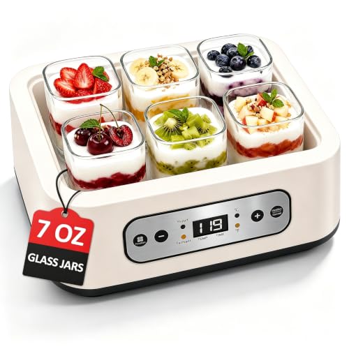ESOHOT Yogurt Maker Machine with 6 BPA-Free Glass Jars, Digital Temperature Control & Timer, Automatic Yogurt Maker for Homemade Greek Yogurt, LED Display