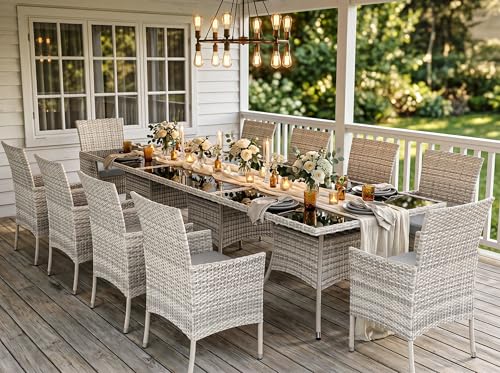 Sweecci Outdoor Dining Set, 15-Piece Patio Furniture Set with Tempered Glass Table and 12 Cushioned Chairs, Dual-Strand Wicker Rattan, Balcony Furniture for Backyard, Garden, Deck,– Gray