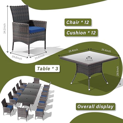 RTDTD 15 Pieces Outdoor Patio Dining Set,Patio Table and Chairs Rattan Outdoor Patio Furniture Set with Umbrella Hole,Dining Table Set for 12 with Chairs for Backyard,Garden and Kitchen,Navy Blue