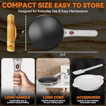 Baker's Friend Instant Crepe Maker with Handle, Electric Crepe Maker Machine, Crepera Electrica, 8 Inch Non-stick Cooking Surface, Creamy White