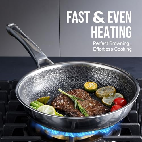 EvoFar 10 Inch Hybrid Nonstick Frying Pan, Stainless Steel Pan Non Stick Skillet, PFOA Free Cookware, Non Toxic Chef's Pan, Compatible with Electric, Gas and Induction, with Lid