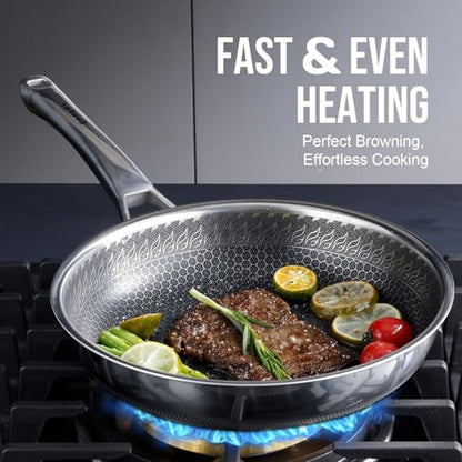 EvoFar 10 Inch Hybrid Nonstick Frying Pan, Stainless Steel Pan Non Stick Skillet, PFOA Free Cookware, Non Toxic Chef's Pan, Compatible with Electric, Gas and Induction, with Lid