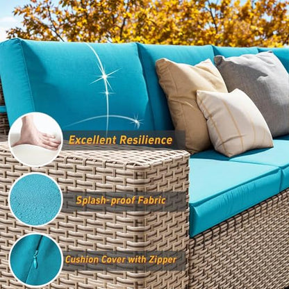 Aukreolis 13 Pieces Patio Furniture Set with Fire Pit Table, Outdoor Sectional Wicker Sofa with Thickened Cushions and Coffee Table, High Back Rattan Patio Conversation Sets, Cyan