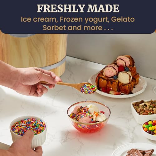 Elite Gourmet EIM916 Old Fashioned 6 Quart Vintage Wood Bucket Electric Ice Cream Maker Machine Appalachian, Bonus Classic Die-Cast Hand Crank for Churning, Uses Ice and Rock Salt