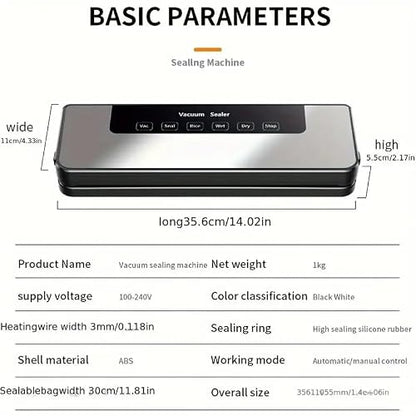 Food Storage Vacuum Sealer Machine, 30 Vacuum Seal Bags for Food, 75KPA Strong Suction, Dry/Wet 5 Modes, Digital Countdown Timer, Compact Lightweight, Ideal for Home Kitchen Use