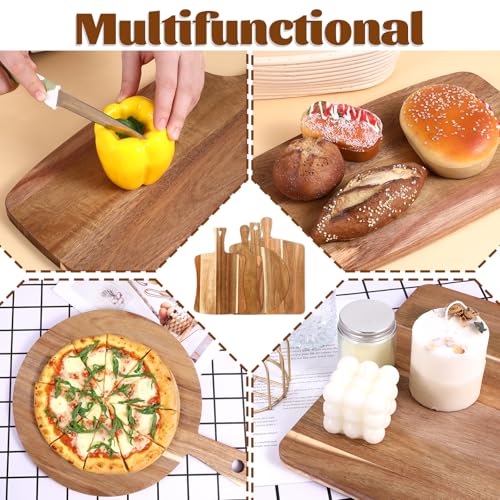 4 PCS Thick Acacia Wood Cutting Board with Handle, Assorted Sizes Large Wooden Charcuterie Boards Set Serving Tray for Cheese, Meat, Pizza, Vegetables, Bread, Kitchen Counter, Dining Room