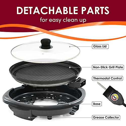 Elite Gourmet EMG-980BX Large Indoor Electric Round Nonstick Grill Cool Touch Fast Heat Up Ideal Low-Fat Meals Dishwasher Safe Includes Glass Lid, 14", Black