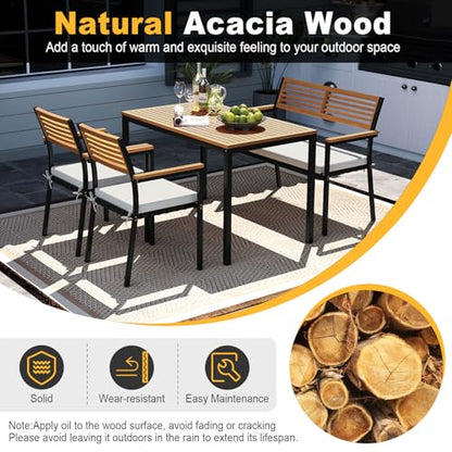 Tangkula 4 Piece Patio Dining Furniture Set, Outdoor Dining Chair Set for 4 w/Acacia Wood & Metal Frame, Umbrella Hole, 1 Table, 2 Armchairs, 1 Bench for Lawn, Garden, Backyard, Porch