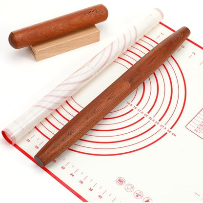 Yiyiring 4 Pcs Sapele Wood French Rolling Pin Set Tapered and Mini Wooden Rolling Pins(15.7inch, 7.8inch)with Silicone Baking Mat and Beech Wood Base for Baking Fondant Pizza Pasta Pie Crust Pastries