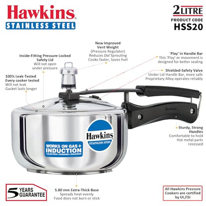 Hawkins Pressure Cooker, Stainless Steel Inner Lid Cooker, Induction Cooker, Small Cooker, Silver HSS20 2 Litre