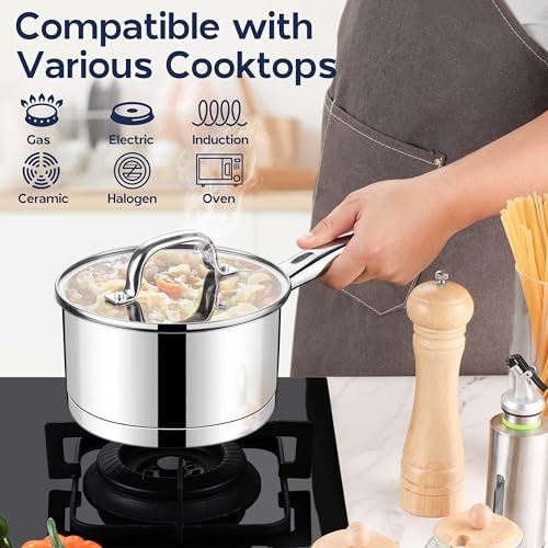 LIANYU 3 qt Saucepan, Stainless Steel Sauce Milk Pan with Visible Lid & Tri-Ply Bottom, Induction Compatible Small Pot for Home & Kitchen Cooking, Boiling, Heavy Duty, Dishwasher Safe