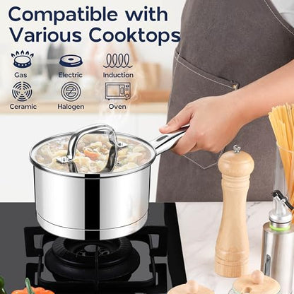 LIANYU 3 qt Saucepan, Stainless Steel Sauce Milk Pan with Visible Lid & Tri-Ply Bottom, Induction Compatible Small Pot for Home & Kitchen Cooking, Boiling, Heavy Duty, Dishwasher Safe