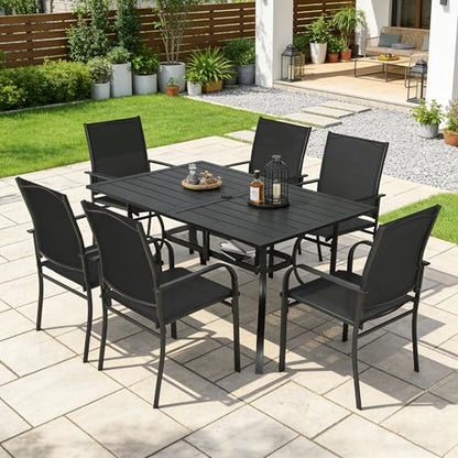 SUNCROWN 7 - Piece Outdoor Dining Set, Patio Furniture Set with 6 x Textilene Dinning Chairs and 1 Steel Slat Metal Bistro Table for Lawn Garden Backyard Deck, Black