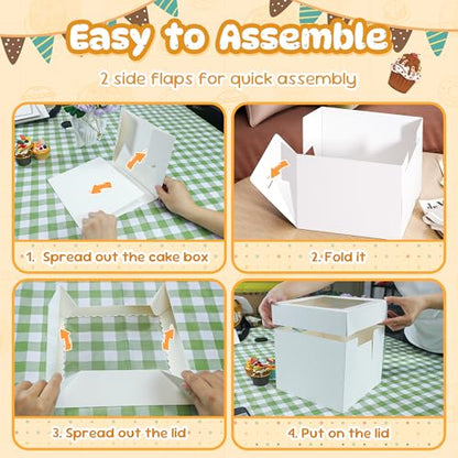 3 Pack Cake Boxes, 10x10x8 Inches Tall Cakes Box with Window, White Cake Boxes with Cakes Boards, Square Bakery Box, for Cake, Treat Cookie Dessert, Pastry, Birthday Party, Mother's Day, Weddings