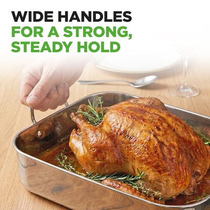 NutriChef Premium Stainless Steel Roasting Pan with Rack – Heavy‑Duty 14″ Turkey Roasting Pan for Turkey, Chicken & Meats (Wide Handles, Dishwasher Safe)