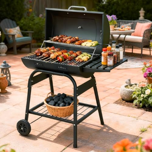 Outvita Barrel BBQ Charcoal Grill with Warming Rack & Dual Prep Table Black