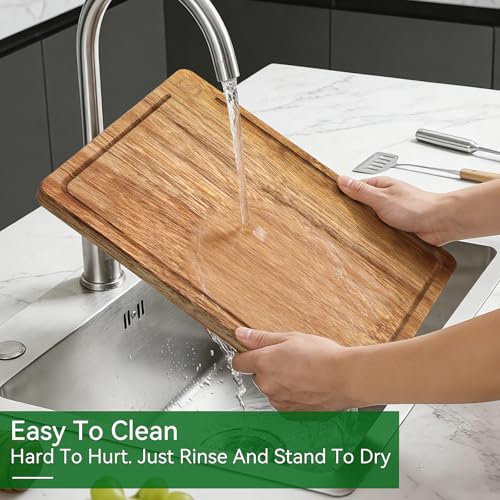 Acacia Wood Cutting Board Set of 3 – Non-Toxic & Pre-Oiled Cutting Boards for Kitchen, Chopping Boards with Holder, Juice Groove, Reversible Serving Board, Labeled Icons for Meat Cheese Vegetables