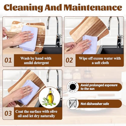 4 PCS Thick Acacia Wood Cutting Board with Handle, Assorted Sizes Large Wooden Charcuterie Boards Set Serving Tray for Cheese, Meat, Pizza, Vegetables, Bread, Kitchen Counter, Dining Room