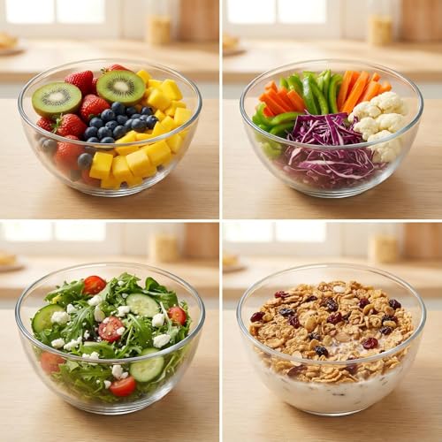 BECFISH Borosilicate Glass Bowls, Set of 4 (1.1 QT Each) - Heavy-Duty, Scratch Resistant & Lead-Free. Oven, Microwave, Dishwasher & Freezer Safe. Perfect for Meal Prep, Baking, Serving, Entertaining