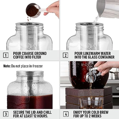 Zulay 1 Gallon/128oz Cold Brew Coffee Maker – Thick Glass Pitcher with Stainless Steel Filter, Lid & Spout – Large Mason Jar Container Dispenser - Iced Coffee & Sun Tea Brewer for Fridge – Silver