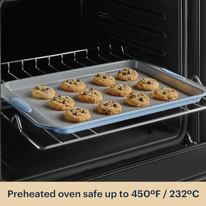 Pyrex 3-Piece Metal Cookie Sheet Bakeware Set, Lightweight Stainless Steel Baking Trays with Heatsafe Silicone Handles, Cookie Sheet Baking Pan, Cerulean