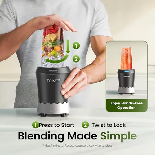 TOPZEE Personal Smoothie Blender, 1000W Single-Serve Blender with 24oz To-Go Cup, Twist-On Start/Stop, for Protein Shakes & Smoothies, Compact Countertop Blender, Black