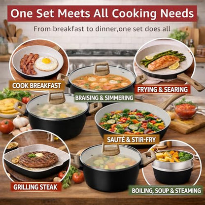 24Pcs Pots and Pans Set Non Stick,Ceramic Cookware Set with Titanium-Reinforced Nonstick Coating,Long-Lasting,PFAS-Free,Induction Compatible,Full Kitchen Set with 3 Stock Pots for Family Cooking,Black