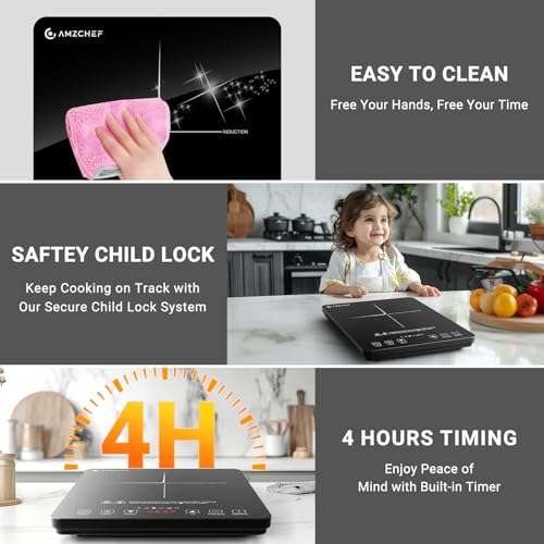 AMZCHEF Portable Induction Cooktop 20 Temperature & Power Levels, 1800W Induction Stove Burner with 6.8" Heating Coil, Low Noise Hot Plate Single Electric Cooktops Countertop Stove with Timer