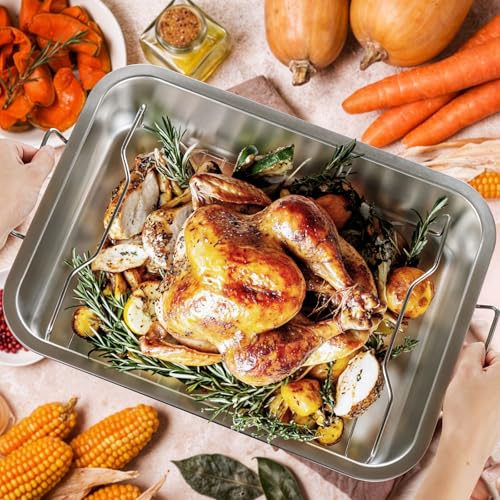 Tifanso Stainless Steel Roasting Pan - Heavy Duty Turkey Roasting Baking Broiler Oven Pan with Rack and Handle for Oven, High Sided Easy to Clean Induction Roast Tray for Chicken, Vegetable, Lasagna