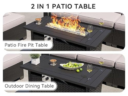 Aoxun Outdoor Patio Furniture Set with 44'' Fire Pit Table, 7 Pcs Outdoor Sectional with 4in Thicken Cushion, Widen Armrests Wicker for Backyard, Grey