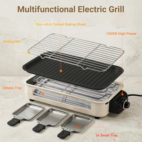Electric Indoor Grill 1500w, 2 in 1 Smokeless Indoor Grills with Non-Stick Griddle Plate & Grill Net, Korean BBQ Grill with 3 Individual Mini Trays, Temperature Control, Dishwasher Safe