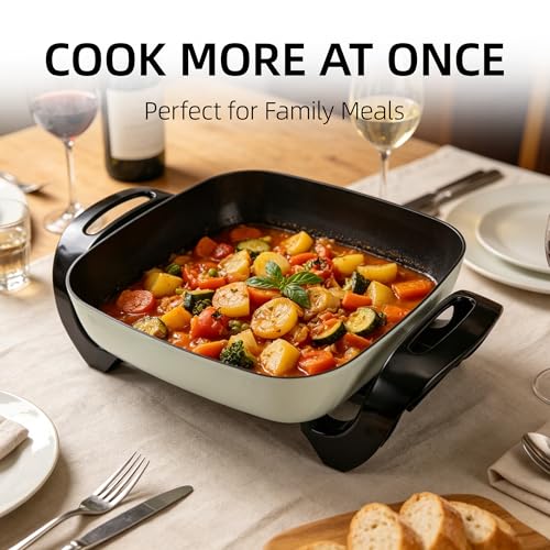 I-Keukenn 12" Ceramic Nonstick Electric Skillet with Tempered Vented Glass Lid, Scratch-Resistant Surface, Cool-Touch Handles, Removable Easy-to-Clean Design, 1200W, Vibrant Green