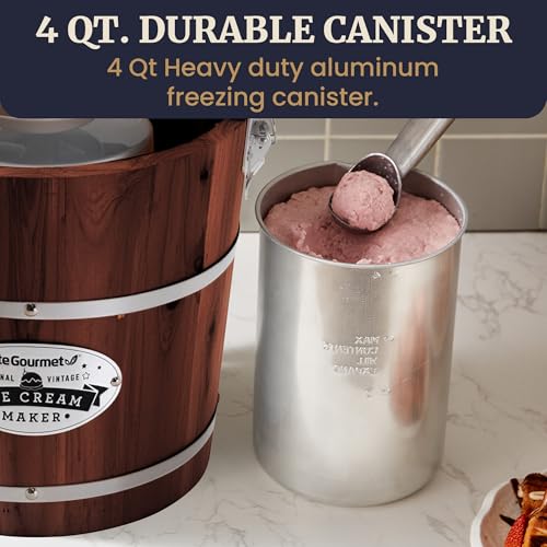 Elite Gourmet EIM418 4Qt Old Fashioned Walnut Wood Bucket Ice Cream Maker