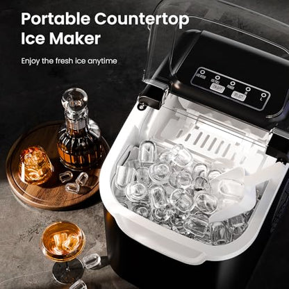 Antarctic Star Countertop Ice Maker Machine with Handle, 8 Cubes Ready in 6 Mins, 26.5lbs/24Hrs, Self-Cleaning Portable Ice Maker/Basket and Scoop for Home/Kitchen/Camping/RV (Black/Grey)