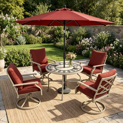 AE Outdoor 5-Piece Patio Dining Set, 4 Swivel Chairs with Removable Thickened Cushions & a 3D Textured Table with Umbrella Hole, All-Weather Furniture for Backyard, Garden, Lawn, Red
