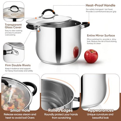 P&P CHEF Stainless Steel Stock Pot, 10 Qt Cooking Soup Pot with Visible Lid for Pasta, Tri-Ply Bottom & Dual Heatproof Handles, For Induction Gas All Stoves, Non-Toxic & Dishwasher Safe