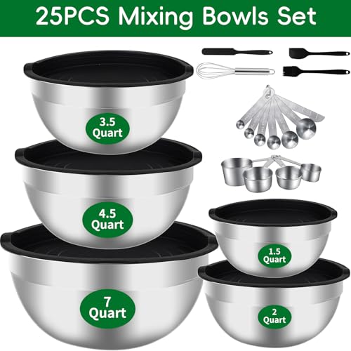 WEPSEN Mixing Bowls Set, 25PCS Stainless Steel Mixing Bowl with Lid Set, Large Nesting Bowls 7, 4.5, 3,2, 1.5QT, Measuring Cups and Spoons Baking Utensils Metal Bowl for Kitchen Prep