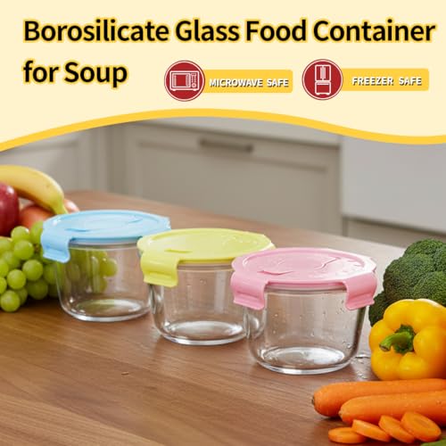S.ROKE TTAN 2 Cup Round Glass Soup Container with Lids and Spoons, 16oz Round Food Containers set, BPA-Free Small Borosilicate Glass Meal Prep Bowls for Leftover, Office. Oven, Freezer Safe (4 Pack)