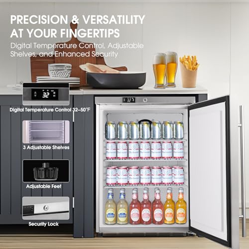 HCK Under Counter Refrigerator, Outdoor Fridge 24 Inch with Stainless Steel Door, Commercial Kitchen Food Refrigerator 5.4 Cu.Ft Capacity for Home Kitchen, Patio, Outdoor, and Food Service Use