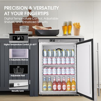 HCK Under Counter Refrigerator, Outdoor Fridge 24 Inch with Stainless Steel Door, Commercial Kitchen Food Refrigerator 5.4 Cu.Ft Capacity for Home Kitchen, Patio, Outdoor, and Food Service Use